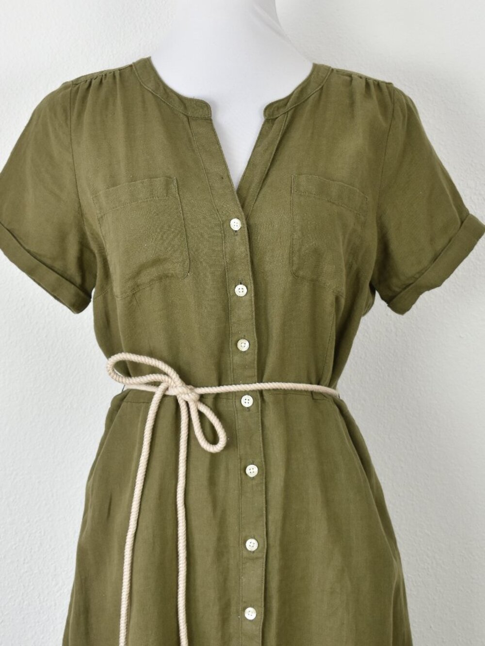 Talbots Olive Green Linen Button Down Midi Dress - 8 - Picture 2 of 9